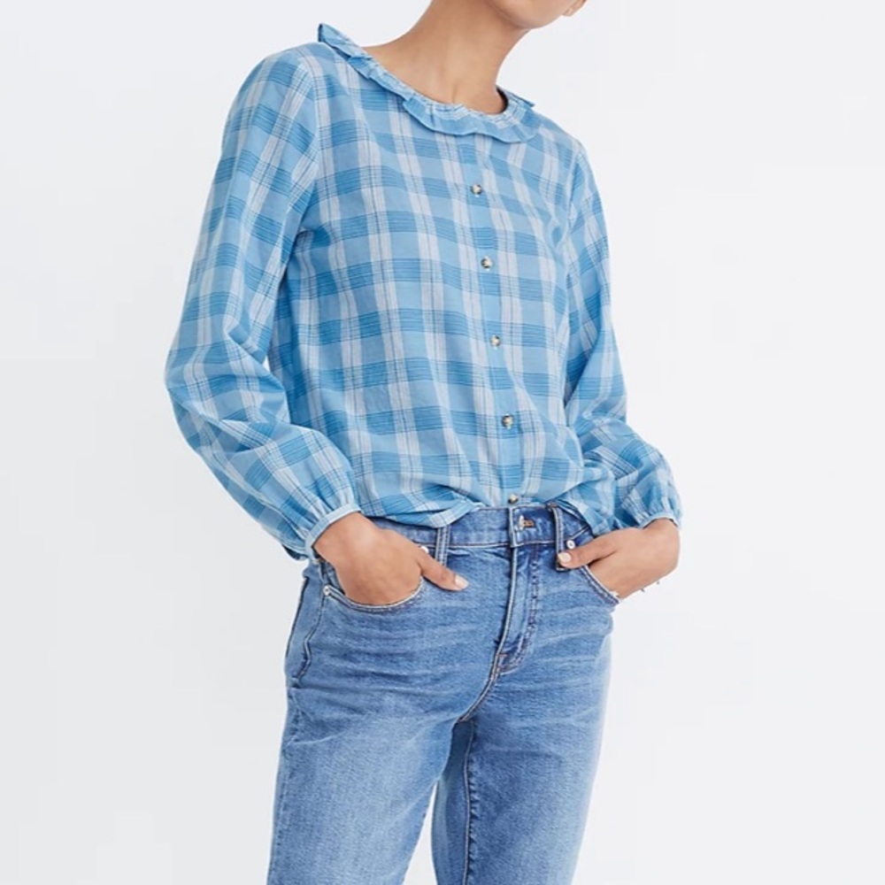 Madewell Ruffle-Neck Top in Colwell Plaid long sleeves  button front‎ blue